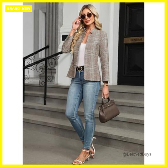 Plaid Blazer Open Front Stand Collar Boyfriend Jacket Work Casual - Picture 5 of 7